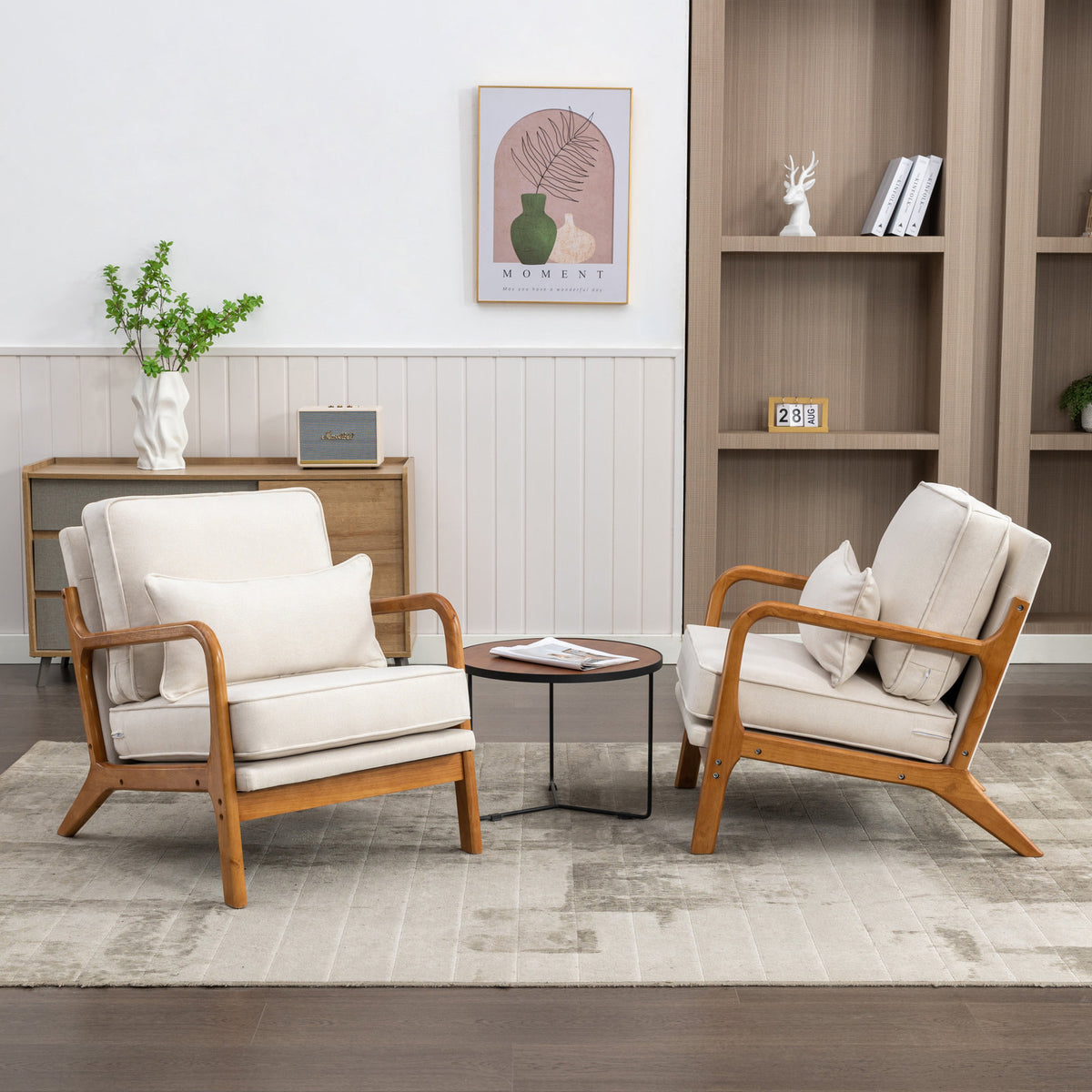 Accent Armchairs, Set of 2, Beige Linen Blend with Brown Wood Legs