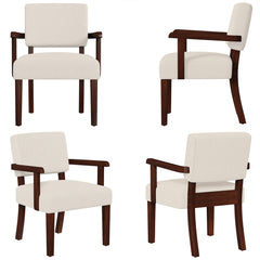Accent Armchairs, Set of 2, Beige Linen with Brown Wood Legs