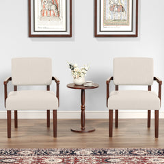 Accent Armchairs, Set of 2, Beige Linen with Brown Wood Legs