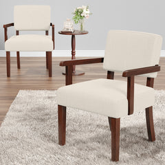 Accent Armchairs, Set of 2, Beige Linen with Brown Wood Legs