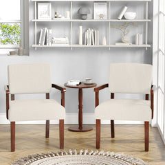 Accent Armchairs, Set of 2, Beige Linen with Brown Wood Legs