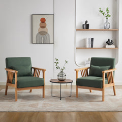 Accent Armchairs, Set of 2, Green Upholstery, Solid Wood Frame, Brown Wood Legs
