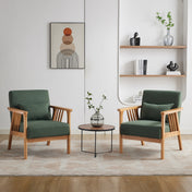 Accent Armchairs, Set of 2, Green Upholstery, Solid Wood Frame, Brown Wood Legs