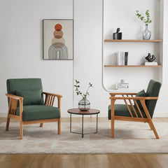 Accent Armchairs, Set of 2, Green Upholstery, Solid Wood Frame, Brown Wood Legs