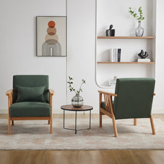Accent Armchairs, Set of 2, Green Upholstery, Solid Wood Frame, Brown Wood Legs