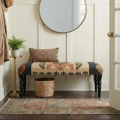 Accent Bench, 47 in Wide, Jute and Wool Upholstery with Black Legs