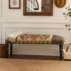 Accent Bench, 47 in Wide, Jute and Wool Upholstery with Black Legs