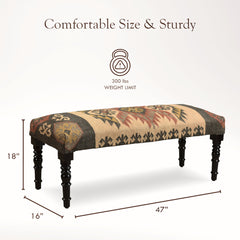 Accent Bench, 47 in Wide, Jute and Wool Upholstery with Black Legs