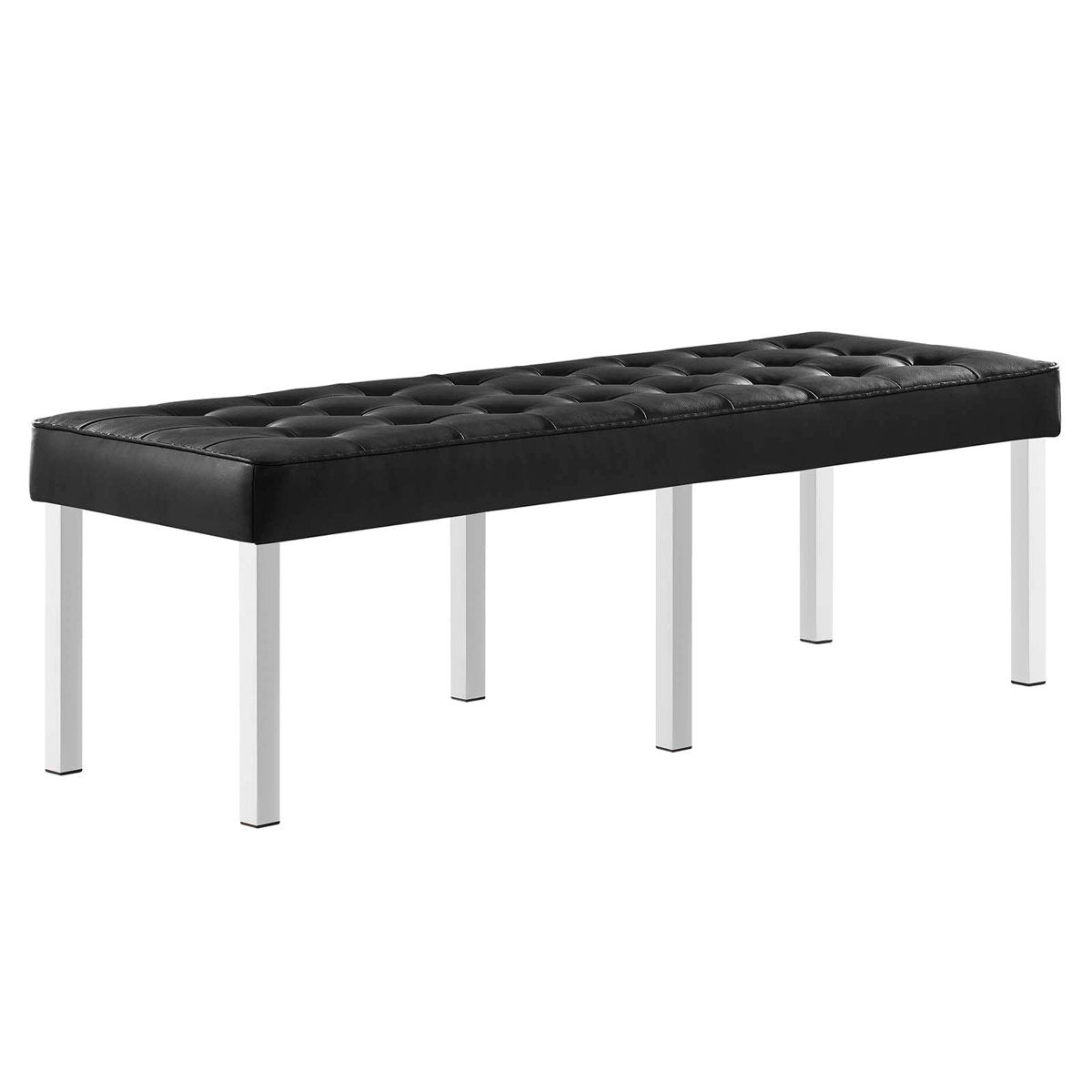 Accent Bench, Tufted, Black Vegan Leather with Metal Legs