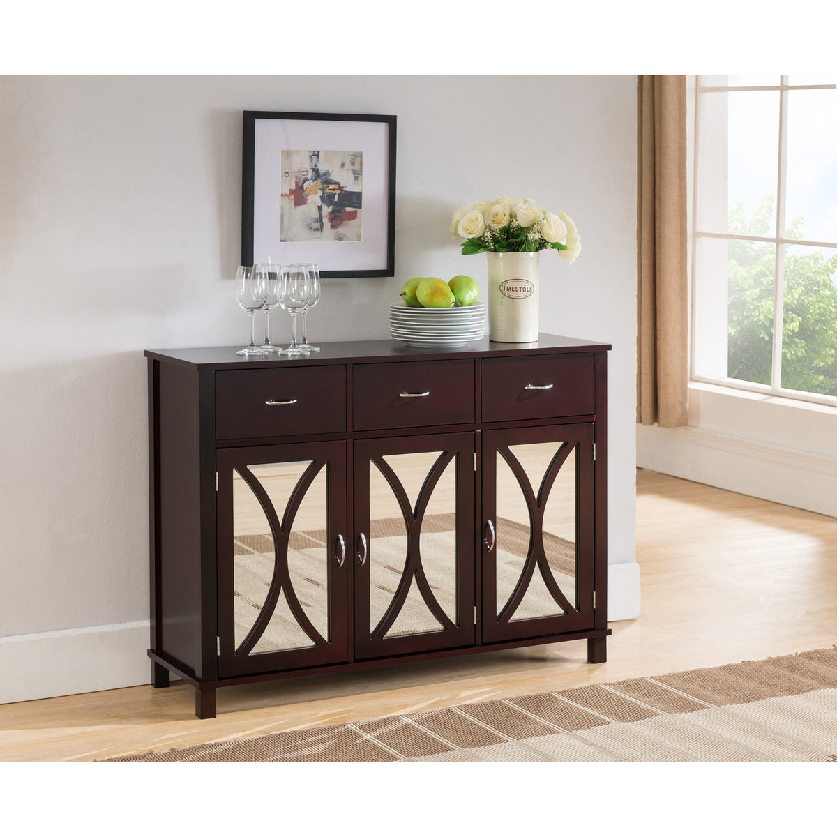 Accent Buffet Cabinet, 3 Doors and 3 Drawers in Espresso with Mirrored Doors