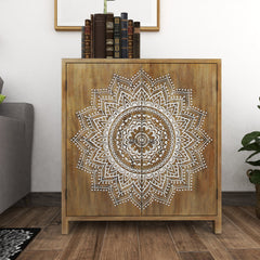 Accent Cabinet, 2-Door Wood Storage, Brown With White Mandala Carving