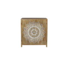 Accent Cabinet, 2-Door Wood Storage, Brown With White Mandala Carving