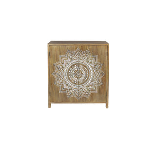 Accent Cabinet, 2-Door Wood Storage, Brown With White Mandala Carving