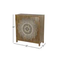 Accent Cabinet, 2-Door Wood Storage, Brown With White Mandala Carving