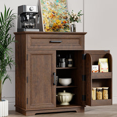 Accent Cabinet, 2 Doors, 1 Drawer, Brown Wood, Matte Black Pulls