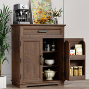Accent Cabinet, 2 Doors, 1 Drawer, Brown Wood, Matte Black Pulls