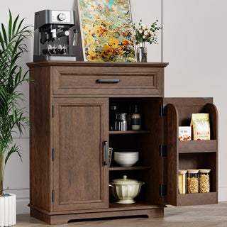 Accent Cabinet, 2 Doors, 1 Drawer, Brown Wood, Matte Black Pulls