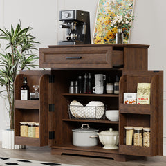 Accent Cabinet, 2 Doors, 1 Drawer, Brown Wood, Matte Black Pulls