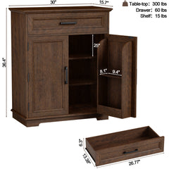Accent Cabinet, 2 Doors, 1 Drawer, Brown Wood, Matte Black Pulls