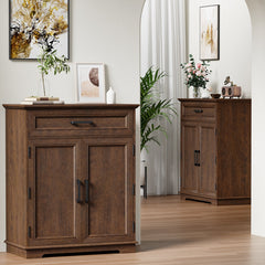 Accent Cabinet, 2 Doors, 1 Drawer, Brown Wood, Matte Black Pulls