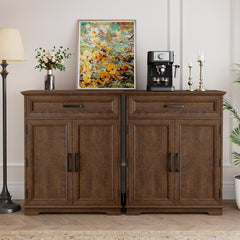 Accent Cabinet, 2 Doors, 1 Drawer, Brown Wood, Matte Black Pulls