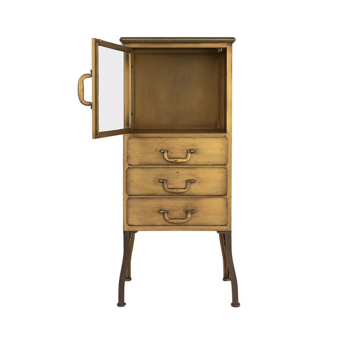Accent Cabinet, 3 Drawers, Distressed Iron Frame, Glass Paned Door