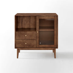 Accent Cabinet in Brown Solid Wood with Fluted Glass Door