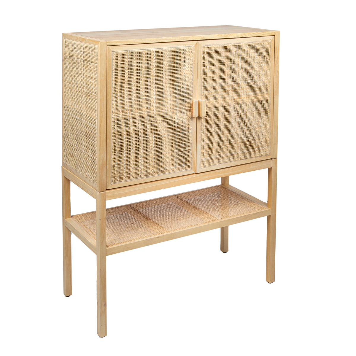 Accent Cabinet in Solid Wood and Rattan with Two Doors, Natural