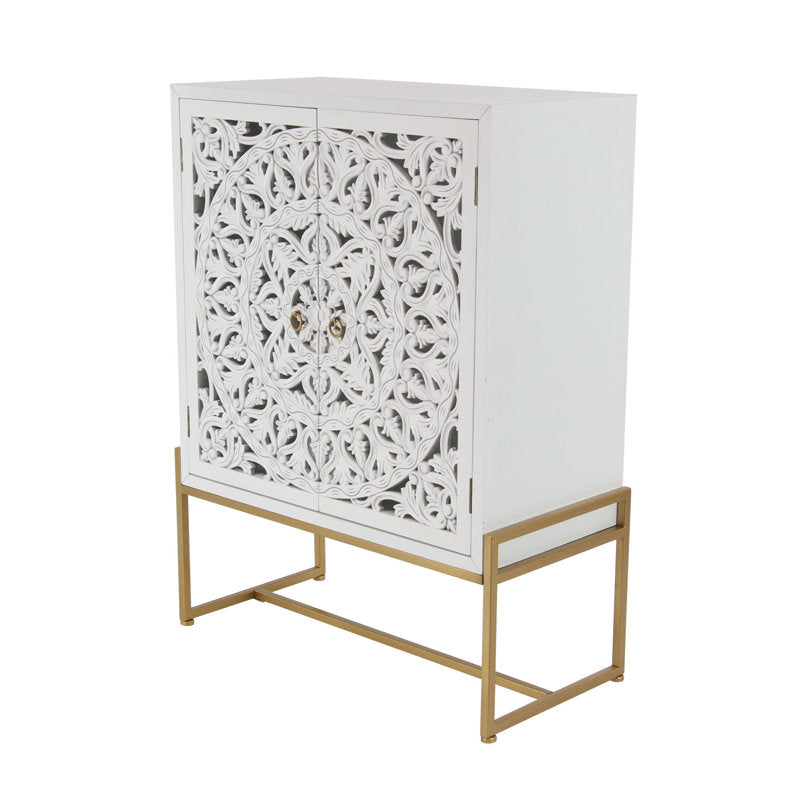 Accent Cabinet in White and Brown Wood with Carved Doors and Gold Metal Base