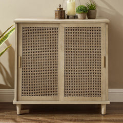 Accent Cabinet, Solid and Engineered Wood, Rattan Texture Sliding Doors, Brown