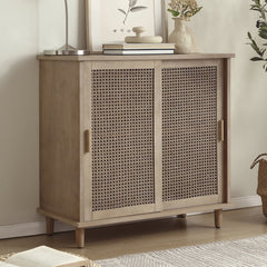 Accent Cabinet, Solid and Engineered Wood, Rattan Texture Sliding Doors, Brown