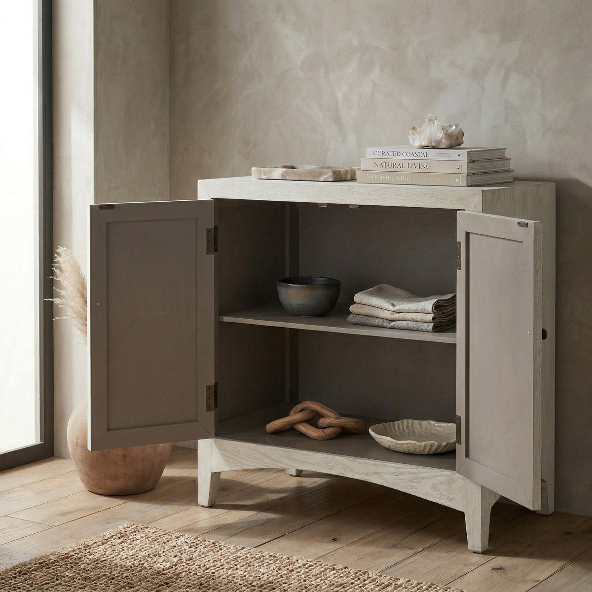Accent Cabinet, Solid Fir with Two Doors, White Wash