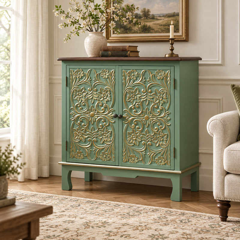 Accent Cabinet, Solid Wood with 2 Doors in Sage Green and Walnut