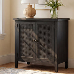 Accent Cabinet with 2 Cane Doors and Solid Wood Frame in Washed Black