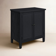 Accent Cabinet with 2 Cane Doors and Solid Wood Frame in Washed Black