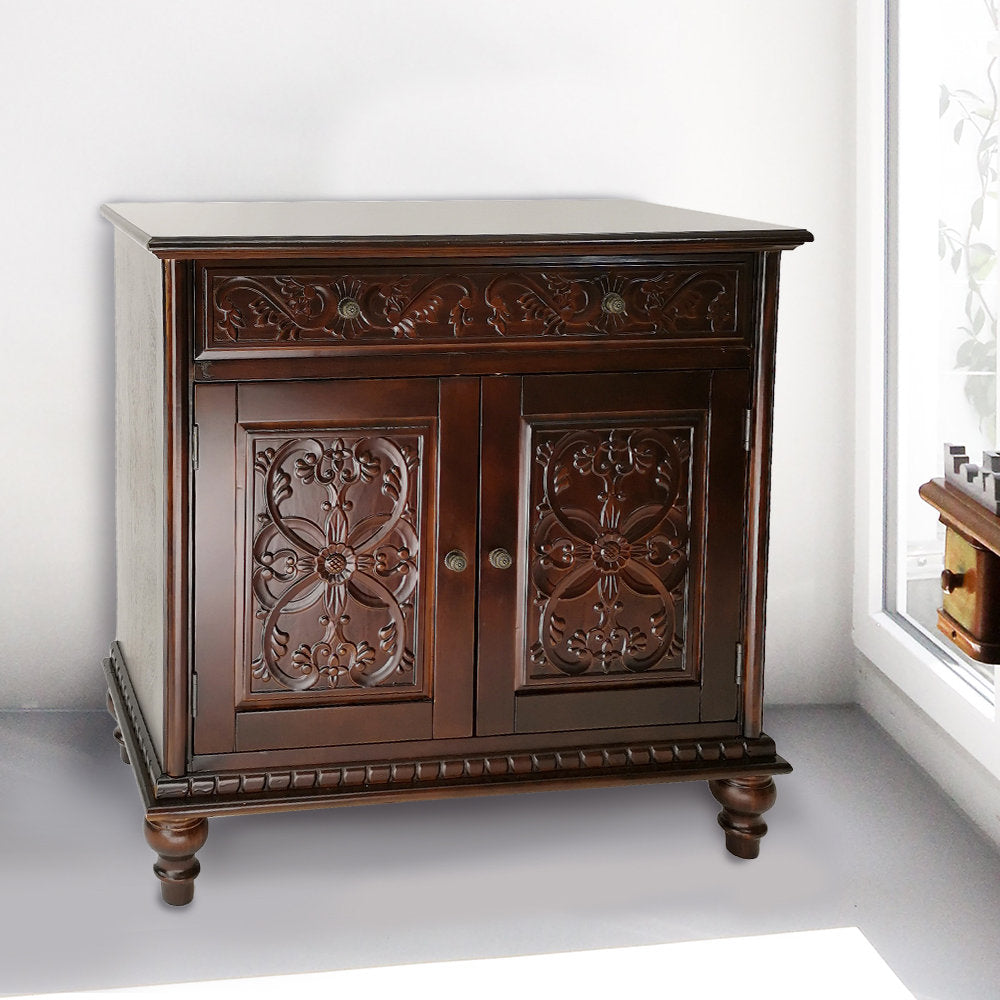 Accent Cabinet with 2 Doors and 1 Drawer, Brown Wood, Brass Hardware