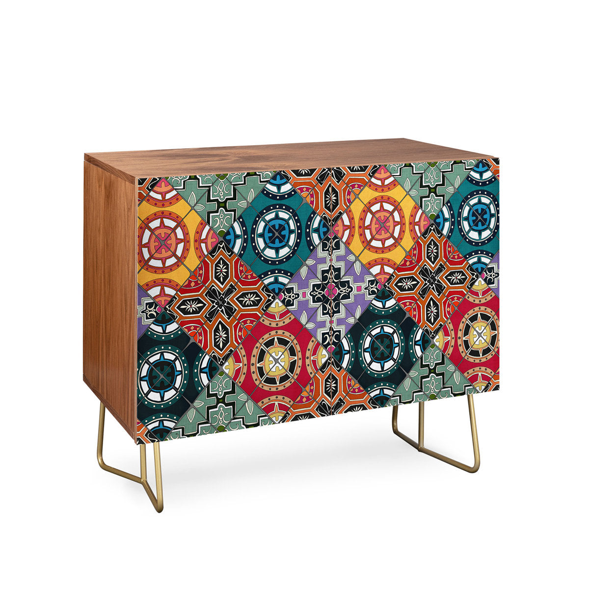 Accent Cabinet with 2 Doors and 1 Shelf in Walnut, Green and Yellow