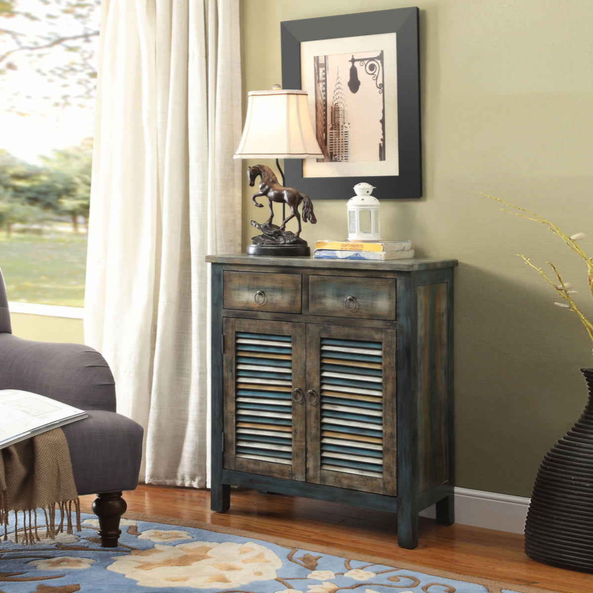 Accent Cabinet with 2 Doors and 2 Drawers, Teal Solid and Manufactured Wood