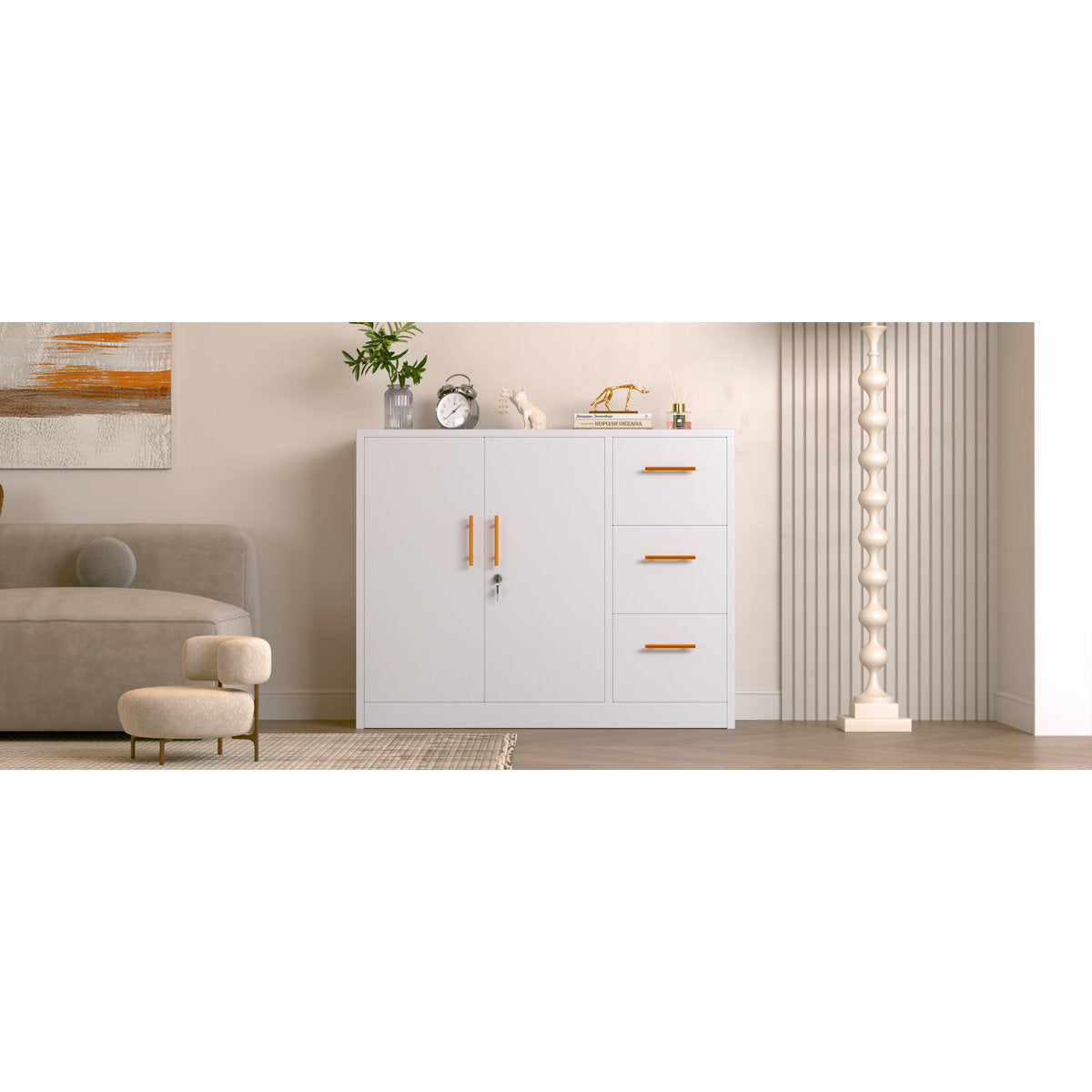 Accent Cabinet with 2 Doors and 3 Drawers, White Gloss Metal