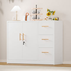 Accent Cabinet with 2 Doors and 3 Drawers, White Gloss Metal