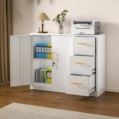 Accent Cabinet with 2 Doors and 3 Drawers, White Gloss Metal