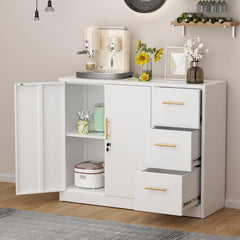 Accent Cabinet with 2 Doors and 3 Drawers, White Gloss Metal