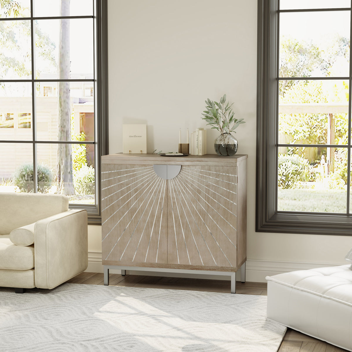 Accent Cabinet with 2 Doors, Beige Finish with Silver Legs