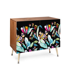 Accent Cabinet with 2 Doors in Birch and Manufactured Wood, Black Floral Fronts