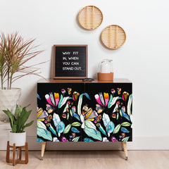 Accent Cabinet with 2 Doors in Birch and Manufactured Wood, Black Floral Fronts