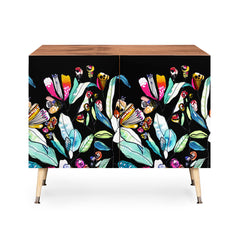 Accent Cabinet with 2 Doors in Birch and Manufactured Wood, Black Floral Fronts