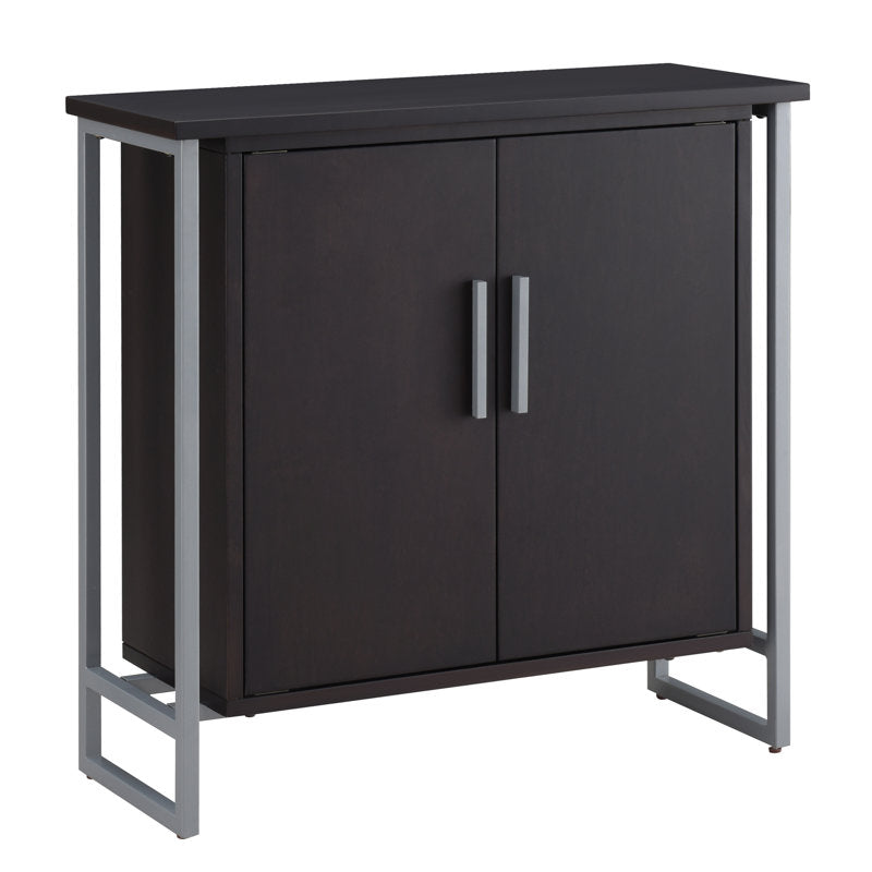 Accent Cabinet with 2 Doors in Black Solid Wood with Silver Iron Base