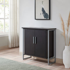 Accent Cabinet with 2 Doors in Black Solid Wood with Silver Iron Base
