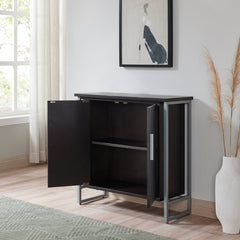 Accent Cabinet with 2 Doors in Black Solid Wood with Silver Iron Base