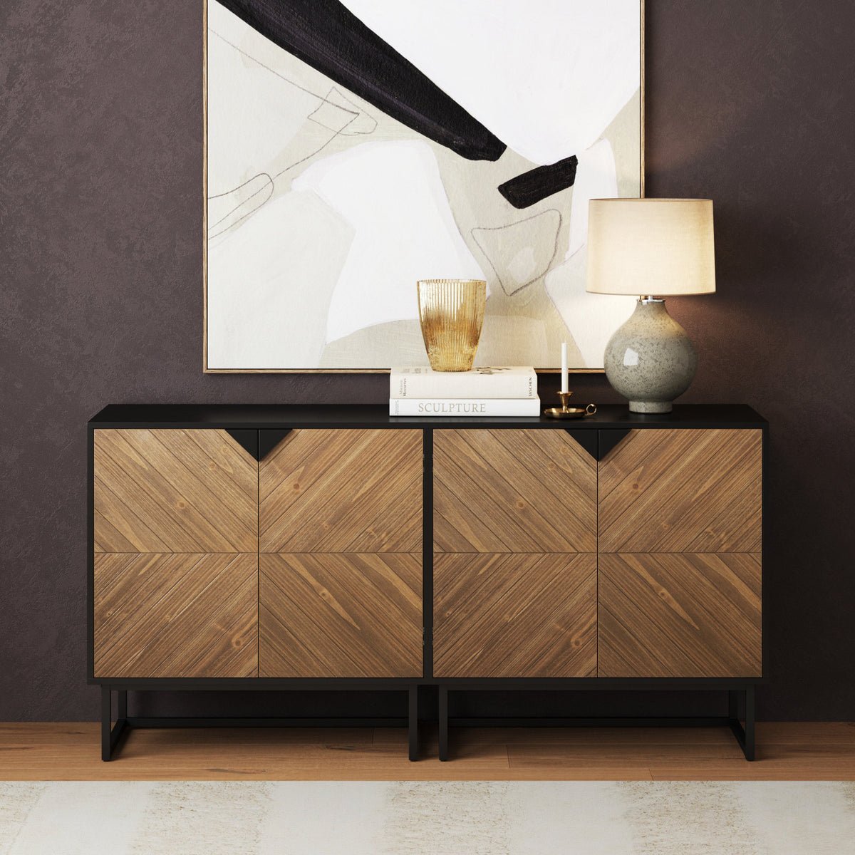 Accent Cabinet with 2 Doors in Brown Manufactured Wood and Black Steel